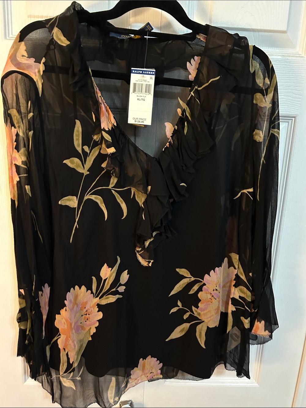 Ralph Lauren Black Sheer Floral Ruffle V-Neck Blouse